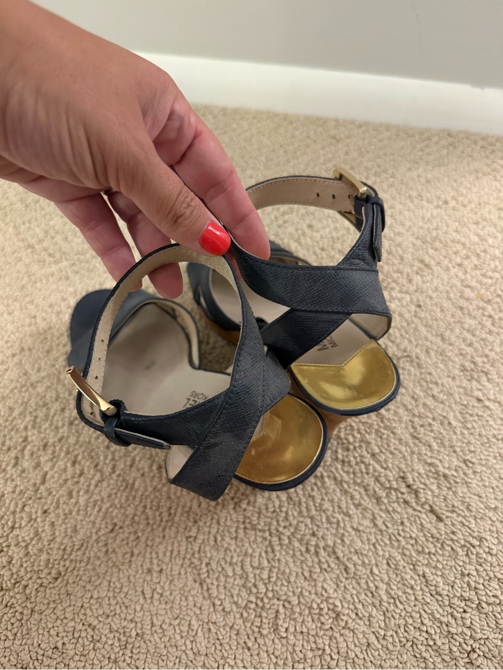 Michael Kors Navy Leather Wedge Sandals with Cork Heel - Picture 5 of 7